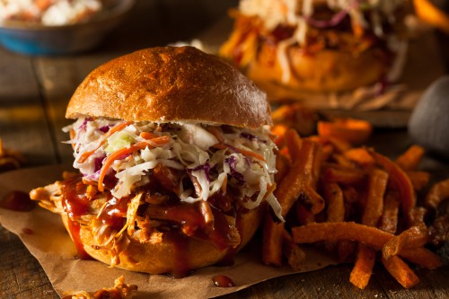 Homemade Pulled Chicken Sandwich with Coleslaw and Fries